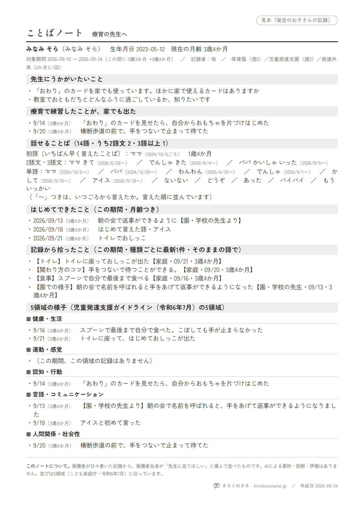 ことばノート療育用の見本（A4一枚）
